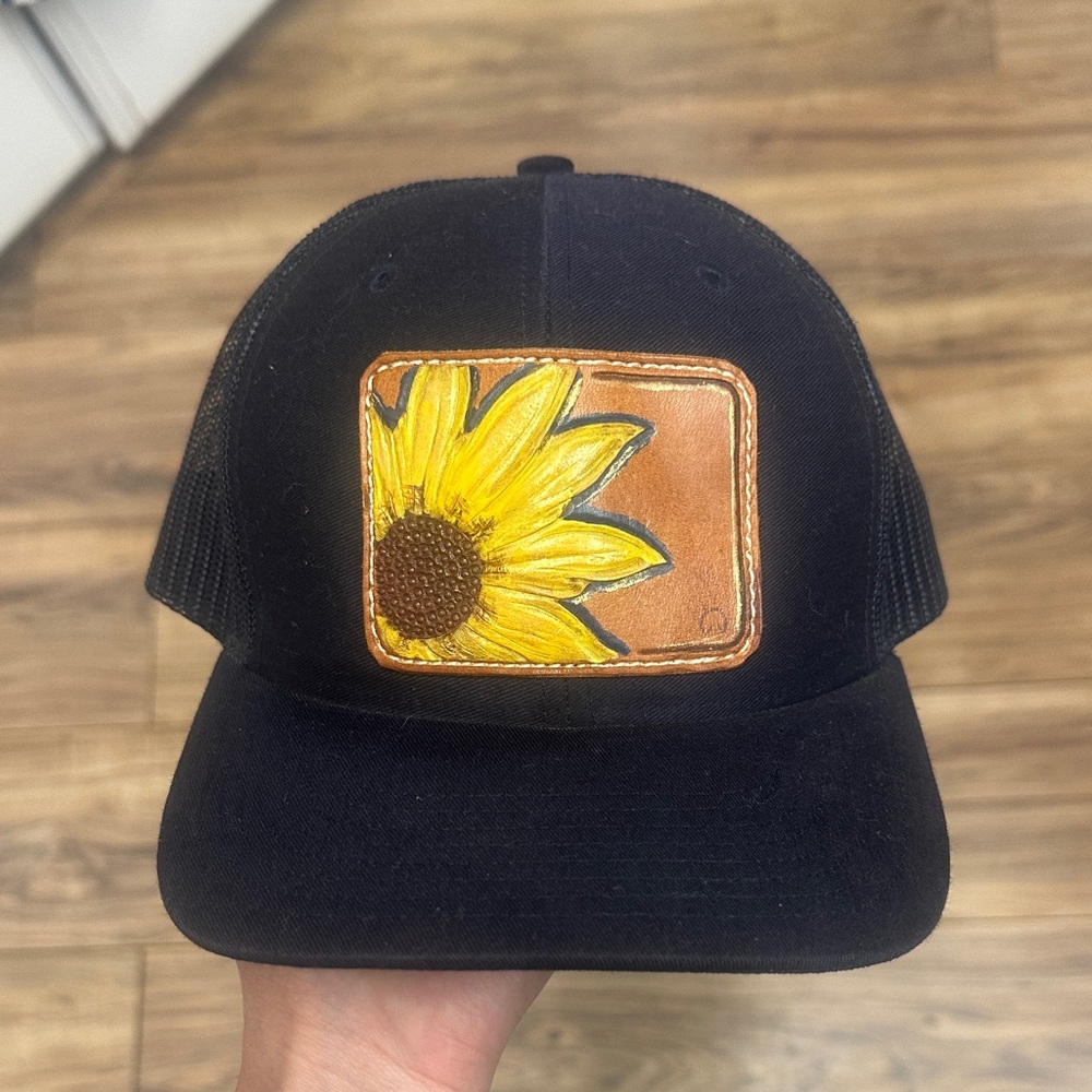 Trucker hat with leather hand tooled Sunflower Patch